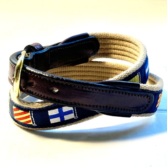 Tory Leather Nautical Plaid Canvas Leather Belt Size 26 XS Preppy Womens Boys - Picture 2 of 15